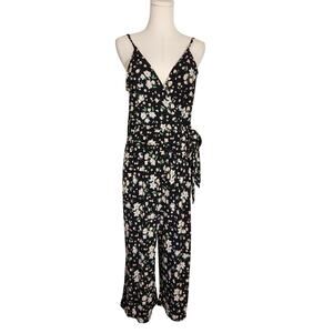 Kaileigh Rica Knit Cropped Wide Leg Jumpsuit Black Ivory Floral Womens Size L